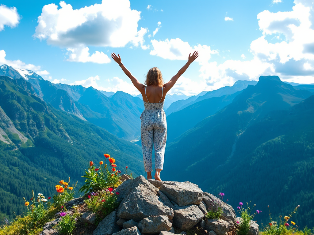 Create an image of a woman standing on a rocky outcrop with arms raised, surrounded by colorful wildflowers, against a backdrop of majestic mountains and a bright blue sky with fluffy clouds, using a Canon EOS R5 camera, 50mm lens, aperture f/1.8, ISO 100, 1/2000s shutter speed for enhanced image quality and depth.
