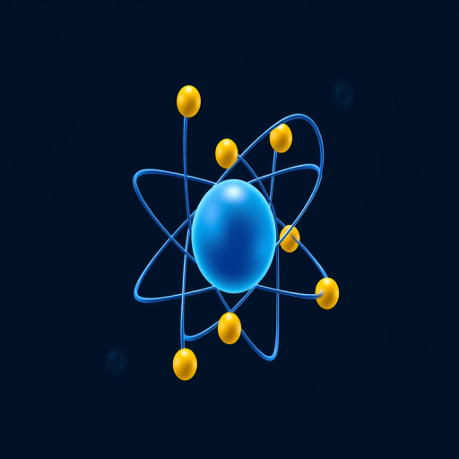 Create a high-resolution vector image of an atom with blue electron orbits and yellow protons, using a digital illustration style, 4k resolution, with a perspective view, ISO 100, f/8, 1/100 sec exposure time.