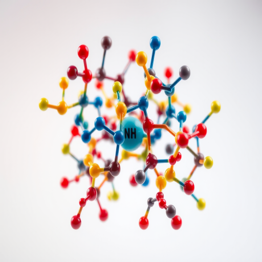 Generate a high-resolution 3D molecular structure of a complex organic compound with vibrant colors for each atom, using a macro lens on a DSLR camera with aperture set to f/2.8, ISO at 100, and a 50mm lens, focusing on a clean background with soft lighting to enhance depth and detail.