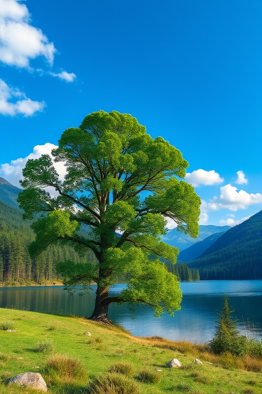 Create a vibrant digital artwork of a serene landscape featuring a large green tree beside a tranquil lake, surrounded by dense evergreen forests and gentle hills in the background under a clear blue sky with fluffy clouds, captured with a DSLR camera at f/8 aperture, ISO 100, 50mm lens, and a wide-angle view to enhance depth and detail.