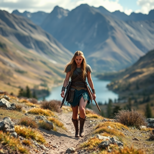 Generate an image of a Viking warrior woman walking through a scenic landscape with mountains and a lake in the background, using a DSLR camera with a 50mm lens, f/1.8 aperture, ISO 100, with a shallow depth of field to enhance the subject, natural lighting, and a slightly low angle for a powerful perspective.