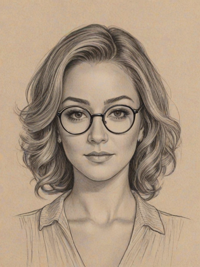Bewitching Alexa Vega, pencil sketch, portrait of Comely woman 1932s in glasses, hair style beatnik, outline, clear lines, fine lines, 8k