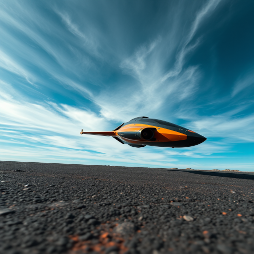 Create a high-resolution image of a sleek futuristic spaceship with an orange and black color scheme flying low over a textured surface under a vast blue sky with wispy clouds, using a DSLR camera at f/8 aperture, ISO 100, 50mm lens, and a wide-angle view to capture the dynamic perspective.