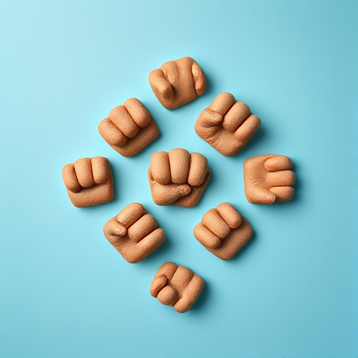 Create an image of a textured pattern featuring various fist shapes arranged in a jagged formation, set against a soft blue background, captured with a DSLR camera at f/8 aperture, ISO 100, and a 50mm lens, in a top-down perspective.