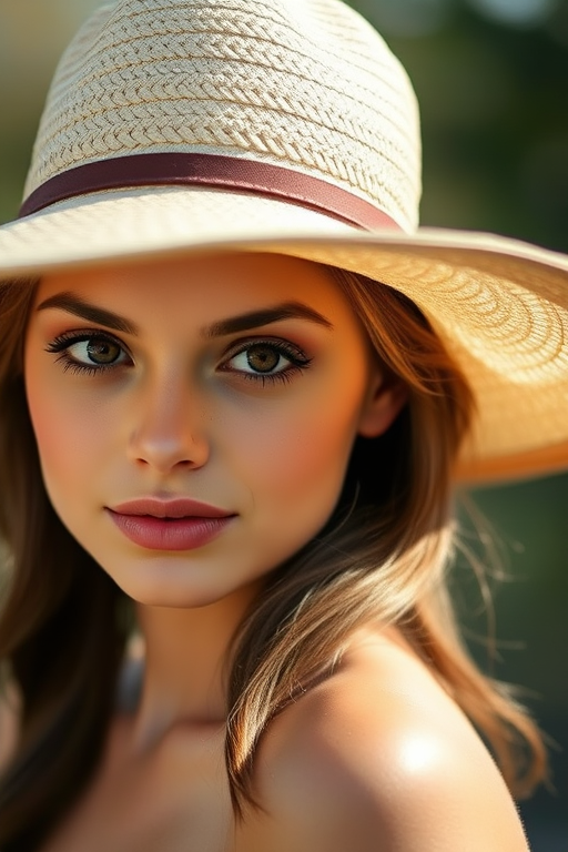 portrait of a young woman wearing a wide-brimmed hat, soft natural lighting, shallow depth of field, 50mm lens, f/1.8 aperture, ISO 100, captured with a digital DSLR camera, high-resolution settings for enhanced detail and clarity