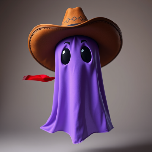 Create an image of a cartoonish purple ghost wearing a cowboy hat and red bandana, captured with a 50mm lens, f/1.8 aperture, in a studio setting with soft lighting.