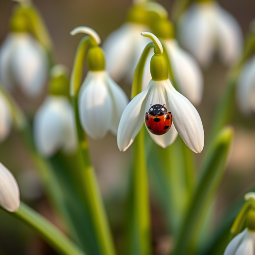 Close-up photograph of snowdrops with a ladybug on one flower, shallow depth of field, f/2.8 aperture, 50mm lens, ISO 200, natural soft lighting, captured with a DSLR camera in macro mode.