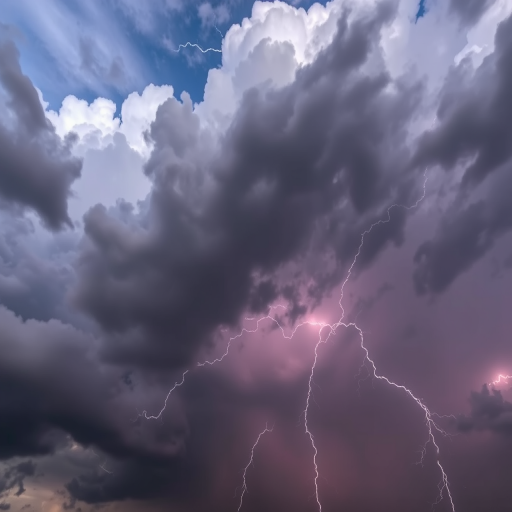 Create a stormy sky scene with dark clouds and bright lightning bolts, using a Canon EOS R5 camera, 24mm lens, f/8 aperture, ISO 100, shot from a low angle for dramatic effect, under natural lighting conditions to enhance color contrast and detail.