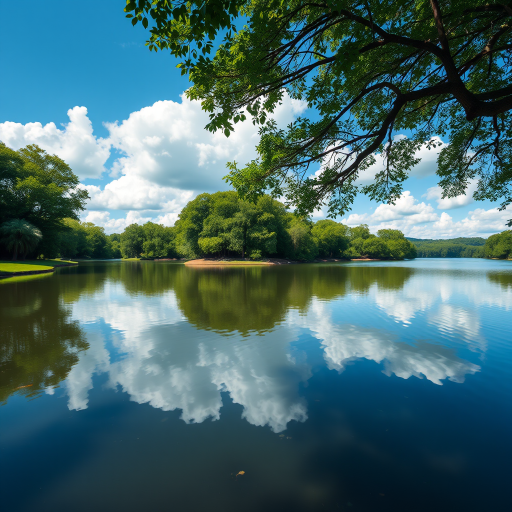 Generate a high-resolution image of a serene landscape featuring a calm lake surrounded by lush green trees and a clear blue sky with fluffy white clouds, captured with a Canon EOS R5 at f/8, ISO 100, 1/200 sec, wide-angle lens, in natural lighting.