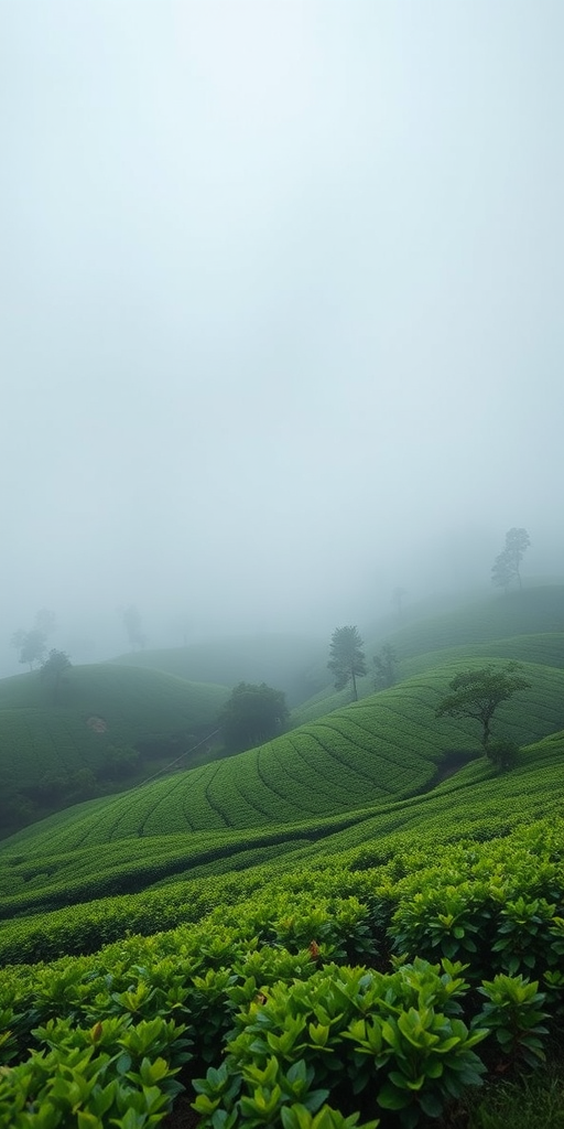 Capture a misty tea plantation landscape with rolling green hills, soft diffused lighting, and a serene atmosphere, using a Canon EOS R5 with a 24-70mm f/2.8 lens, aperture set to f/8, ISO 100, shutter speed 1/60s, shooting at eye level.