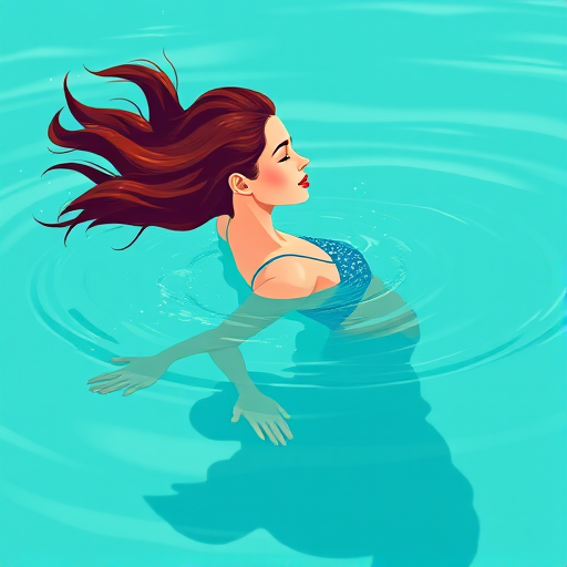 Create an illustration of a woman swimming gracefully in calm turquoise water, with her hair flowing behind her, emphasizing her side profile, shot with a Canon EOS R5 at f/8, ISO 100, 50mm lens, in a vibrant vector art style.