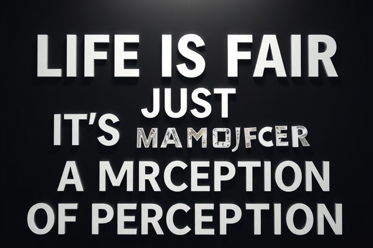 Create an image of a black background with large white block letters displaying the text "LIFE IS FAIR IT'S JUST A MATTER OF PERCEPTION," using a DSLR camera with a 50mm lens, aperture set to f/2.8, shutter speed of 1/60s, ISO 200, and a straight-on view to enhance clarity and sharpness.