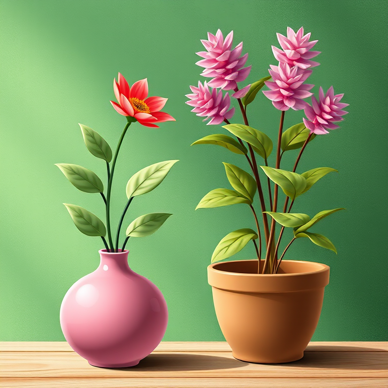 Create a high-resolution illustration of two decorative plants, one in a pink vase and the other in a brown pot, set against a textured green background, using a digital art style, with a focus on vibrant colors and smooth shading, simulating a DSLR camera with a 50mm lens, aperture at f/2.8 for depth of field, and a slight bokeh effect in the background.