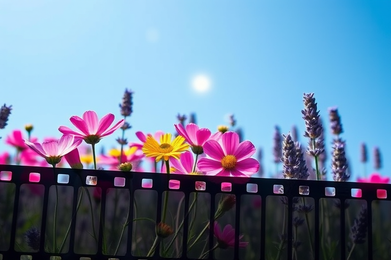 Create a dynamic image of a film strip displaying vibrant flowers such as cosmos and lavender against a bright blue sky, using a Canon EOS R5 with a 50mm lens, aperture f/2.8, ISO 100, and a shallow depth of field for enhanced detail and color vibrancy.