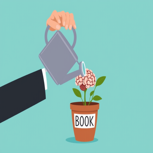 Illustrate a hand in a business suit watering a potted plant with a brain inside using a watering can labeled "BOOK," maintain a clean and minimalist design, use a bright turquoise background, capture in 4K resolution, with an aperture of f/2.8, ISO 100, and a 35mm lens for sharp focus and vivid colors.