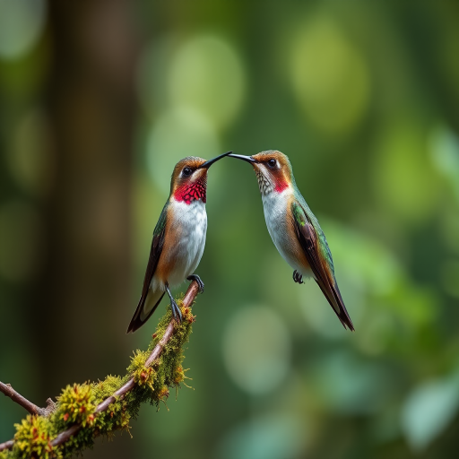 Create an image of a hummingbird perched on a moss-covered branch in a lush forest setting with soft bokeh background, using a DSLR camera with a 300mm lens, aperture set to f/2.8, shutter speed 1/500s, ISO 400, shot from eye level to capture intricate details and vibrant colors.