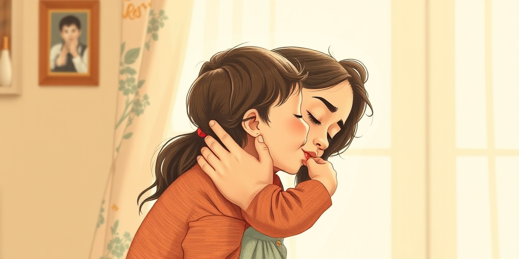 Regenerate a vintage illustration of a mother kissing her child, soft focus, natural lighting, 50mm lens, f/2.8 aperture, ISO 100, shot in a studio environment, high-resolution vector style.