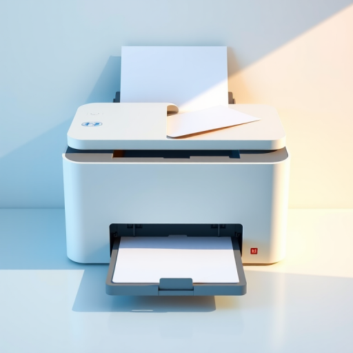 Create a colorful vector illustration of a modern printer with a paper tray, using a minimalist design style, captured in a flat lay view with a Canon EOS R5 camera, 50mm lens, aperture f/2.8, ISO 100, and natural lighting.