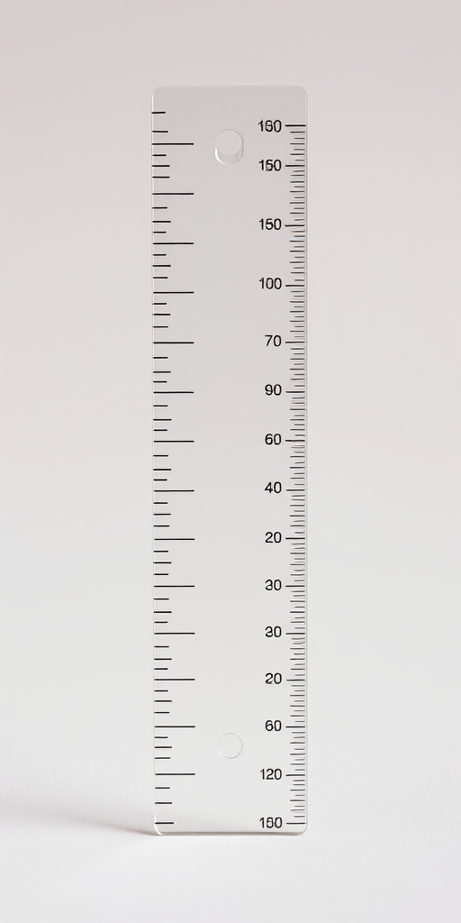 Create a high-resolution image of a transparent ruler with clear markings on a neutral background, using a DSLR camera with a 50mm lens, aperture set to f/2.8, ISO 100, and a shallow depth of field to enhance focus on the ruler while softly blurring the background.