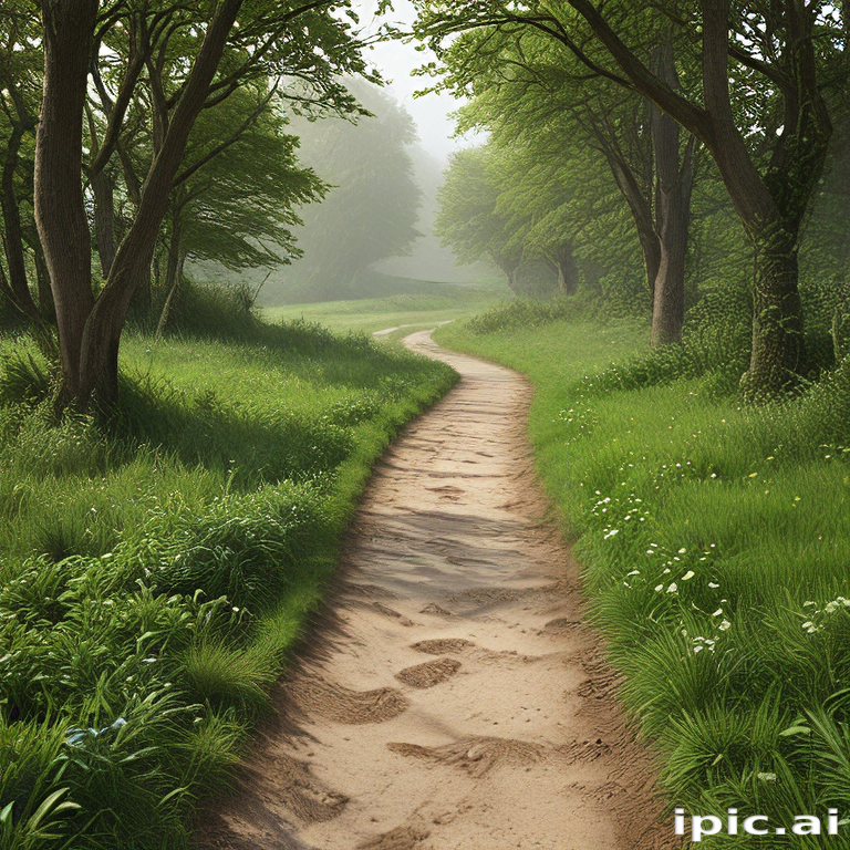 A Serene Pathway Through Lush Green Trees in a Misty Forest Setting.