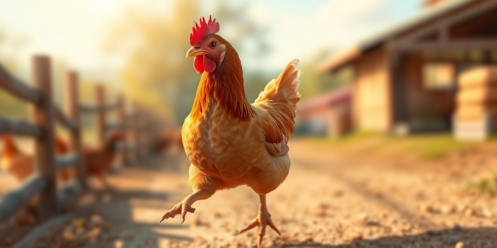 create a realistic illustration of a brown chicken in motion with a blurred background showing a farm setting, use a DSLR camera with a 50mm lens, aperture f/2.8, shutter speed 1/1000s, ISO 200 for enhanced image quality