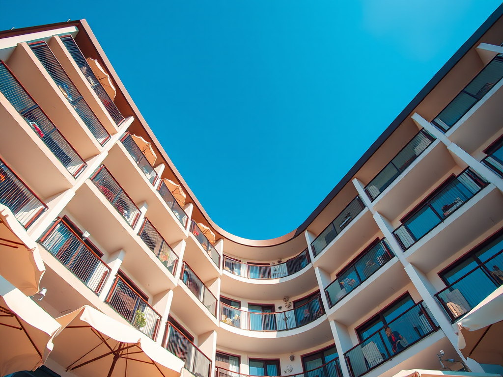 modern hotel building with balconies and umbrellas, clear blue sky, shot with a DSLR camera at f/8, ISO 200, 1/100s, using a wide-angle lens from a low angle for dynamic perspective, high resolution, vibrant colors