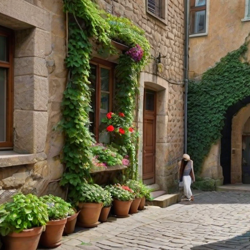 Old European alleyway, cobblestones underfoot and ivy climbing up the stone walls, a woman in a sunhat stops to admire a window box full of colorful flowers.