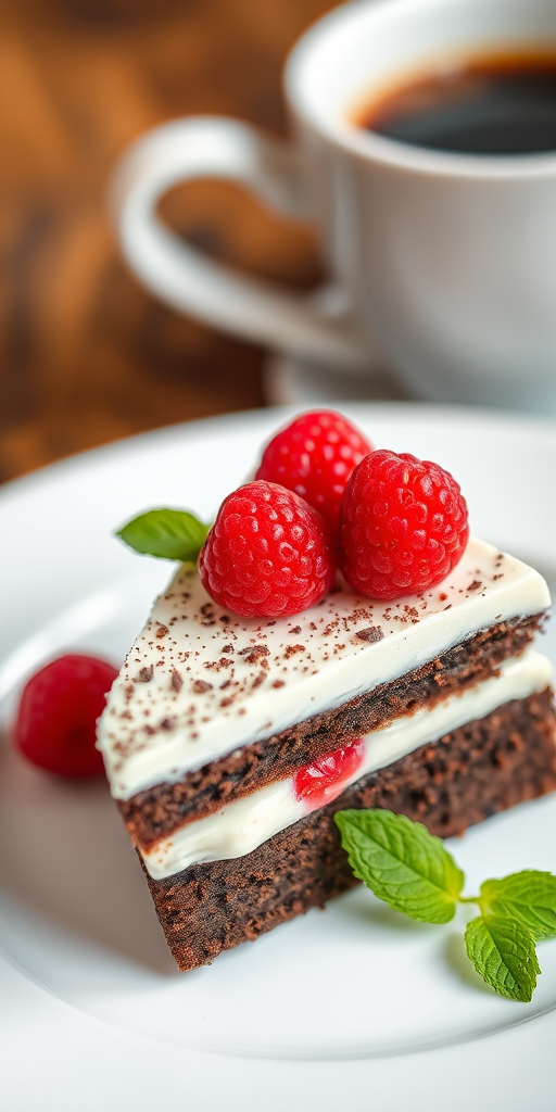 a delicious chocolate cake slice with white filling, garnished with fresh berries and mint leaves, served on a white plate with a cup of coffee in the background, natural soft lighting, shallow depth of field, 50mm lens, f/2.8, ISO 100, DSLR camera, high resolution