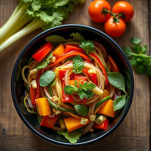 Fresh vibrant vegetable salad in a black bowl, overhead view, natural lighting, f/2.8, ISO 100, 1/60 sec, DSLR camera, shallow depth of field.
