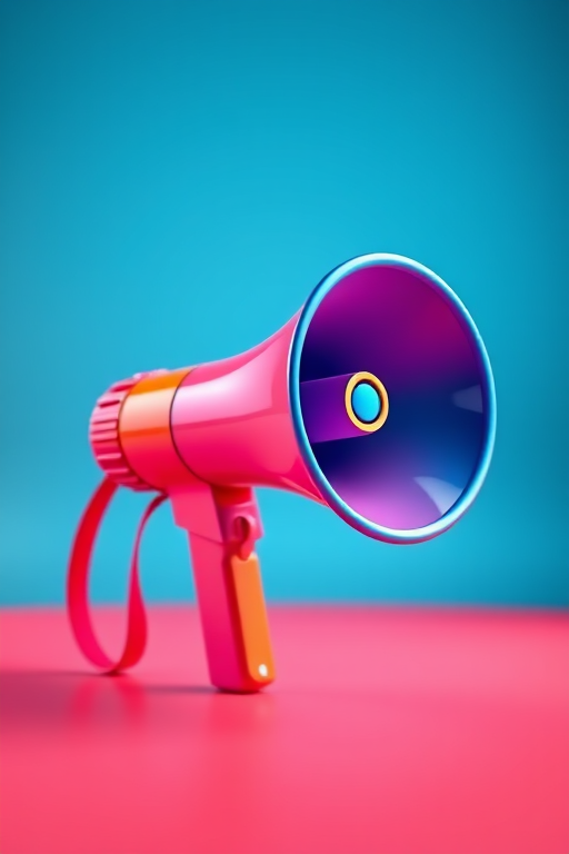 create a 3D rendering of a bright, colorful megaphone with a glossy surface, using a DSLR camera at f/2.8 aperture, 50mm lens, ISO 100, shot in a studio environment with softbox lighting for even illumination and a shallow depth of field to enhance focus on the megaphone