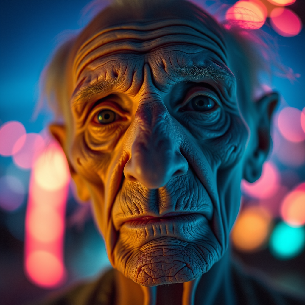 create a close-up perspective view fine art photography contemporary style of an elderly worn albino’s face with a soft, candid expression on a blurred sky black light background.Showcasing a modern style characterized by vibrant blacklight tones, using dramatic lighting and soft gradients to create a fine art atmosphere. The focus is on the light and facial features. motion light blur, neon backlit