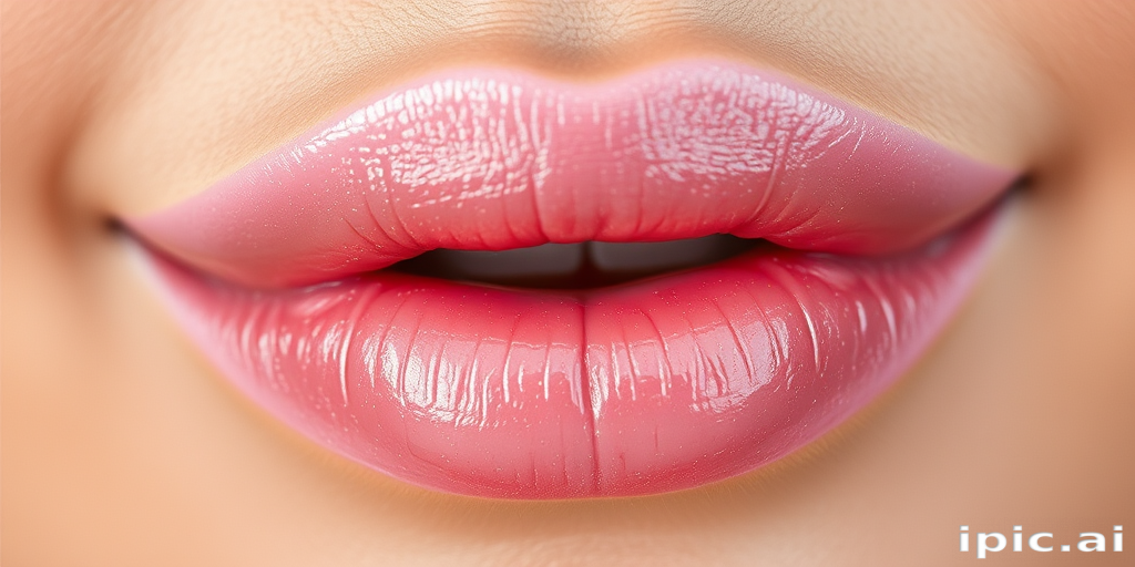 Enchanting close-up of pearlescent rose quartz lips with a dewy finish, emphasizing a soft, romantic glow and natural luminosity