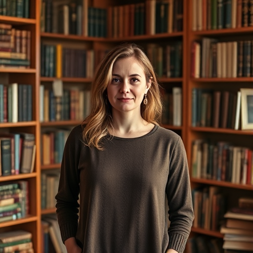 Create a portrait of a woman standing in a cozy room filled with bookshelves overflowing with vintage books, captured with a 50mm lens at f/1.8, ISO 100, soft natural lighting, in realistic style using a DSLR camera.
