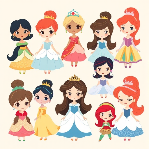 Create a cute and colorful illustration of various cartoon princesses with big heads and small bodies arranged in a playful pattern on a light beige background. Include characters with different hairstyles and outfits, showing a variety of expressions. Make sure the style is whimsical and appealing, capturing a fun and cheerful atmosphere.