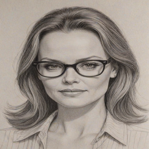 Comely Belinda Carlisle, pencil sketch, portrait of Elegant woman 1973s in glasses, hair style beatnik, outline, clear lines, fine lines, 8k