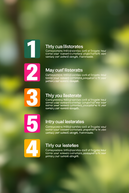 Create a high-resolution illustration of numbered list items 1 to 5, using a clean and modern design, vibrant colors, with a depth of field effect, taken with a DSLR camera at ISO 100, f/2.8 aperture, focal length 50mm, in natural lighting.