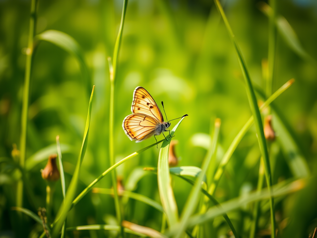 butterfly perched on a grass blade in a lush green field, capture with a macro lens at f/2.8, ISO 100, shutter speed 1/200s, natural sunlight, taken with a DSLR camera from a low angle for depth and detail