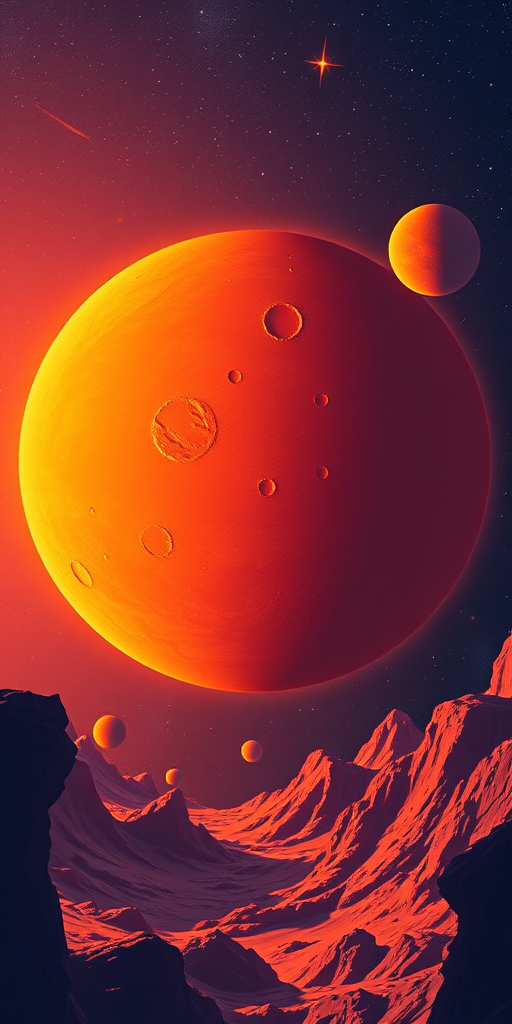 Create a vibrant digital artwork of a large orange planet with craters in the center surrounded by smaller planets and shooting stars, using a high-resolution setting of 300 DPI, a wide-angle view, in a flat design style, captured by a digital camera with a 35mm lens.