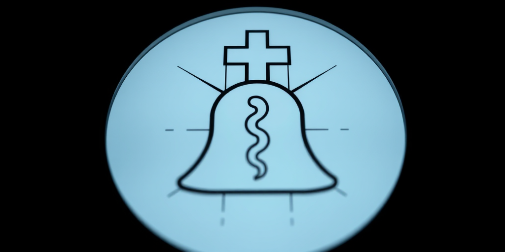 Create a high-resolution image of a stylized medical symbol featuring a bell-shaped design with a cross on top, using a DSLR camera at f/2.8 aperture, ISO 100, 50mm lens, in a close-up view and soft lighting for enhanced detail and contrast.