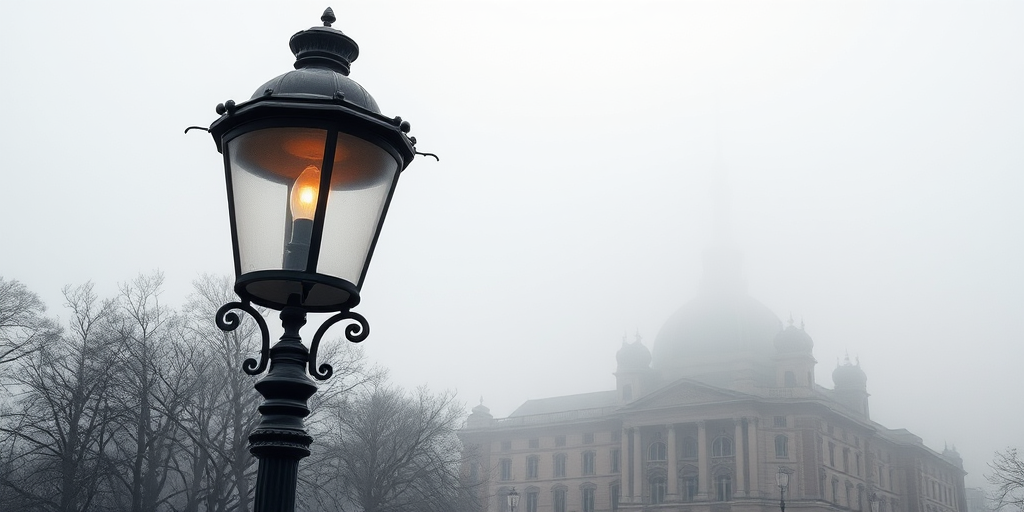 Regenerate the image of a foggy cityscape featuring an ornate lamp post in the foreground with a historic building partially obscured by mist, using a DSLR camera with a 50mm lens, f/1.8 aperture, ISO 200, and a low angle shot to enhance depth and clarity.