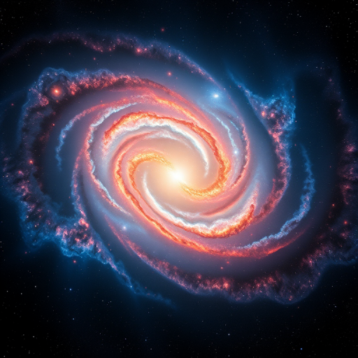 create a vibrant, high-resolution image of a swirling galaxy with deep blues and fiery reds, featuring a bright central star surrounded by nebulous clouds and cosmic dust
