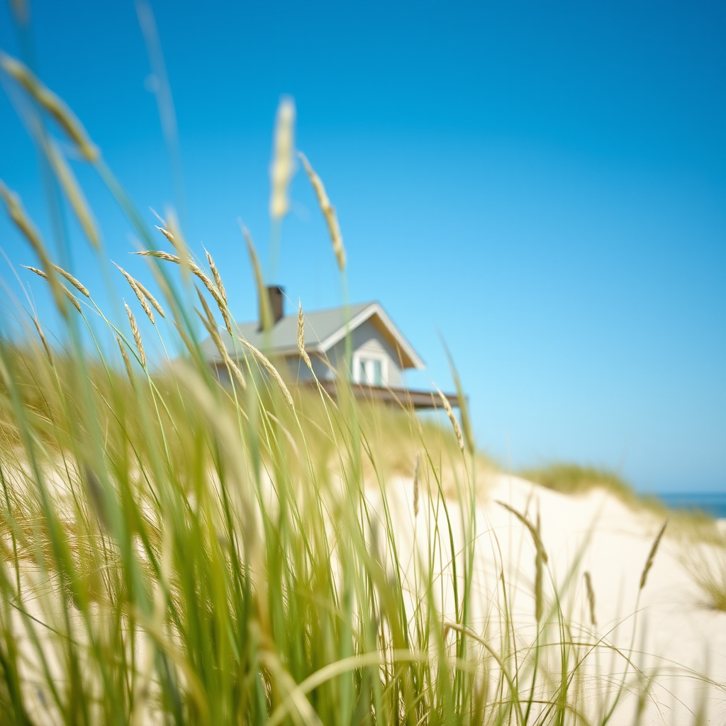 capture a beach scene featuring a house partially obscured by tall grass under a clear blue sky, use a Canon EOS R5 with a 24-70mm lens, ISO 100, aperture f/8, shutter speed 1/200s, shot from a low angle for depth and focus on the grass in the foreground