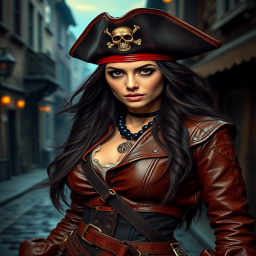 Create a portrait of a fierce female pirate. She wears a leather tricorn hat adorned with a skull and crossbones emblem, and her long, dark hair flows around her face. Her outfit consists of a richly detailed leather jacket, a corset, and multiple layers of belts and accessories, giving her a formidable and stylish appearance. She stands confidently in a dimly lit, historic port town, with a backdrop of weathered buildings and cobblestone streets, capturing the adventurous spirit of a pirate.