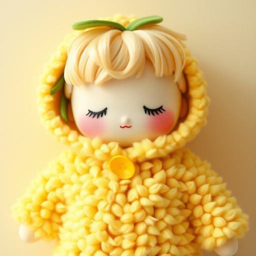 A cute doll resembling a *cereal*, dressed in a fluffy yellow coat that mimics the texture of corn kernels. The doll has soft, closed eyes and light blonde hair, adorned with green leaves and a yellow button at the collar. The background is a soft beige to complement the colors of the doll, and the overall style is whimsical and pastel, emphasizing a cozy, huggable appearance.