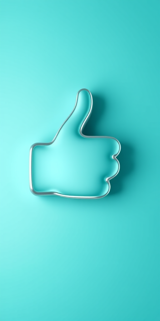 Create a high-resolution image of a glossy teal and silver thumbs-up icon on a smooth gradient background, using a DSLR camera with a 50mm lens, f/1.8 aperture, ISO 100, and natural lighting to enhance details and colors.