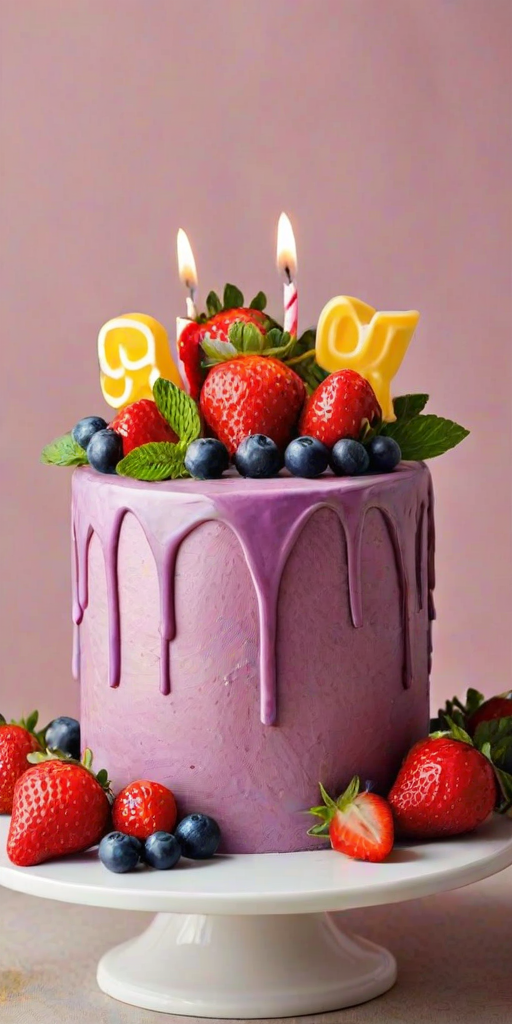 Create an image of a birthday cake that is vibrant and visually appealing. The cake should be decorated with a variety of fresh fruits like strawberries, blueberries, green grapes, and dragon fruit. Add a decorative birthday topper that says "Happy Birthday" in a playful font. Surround the cake with some fresh mint leaves for added freshness. The background should be simple and elegant to highlight the beauty of the cake.