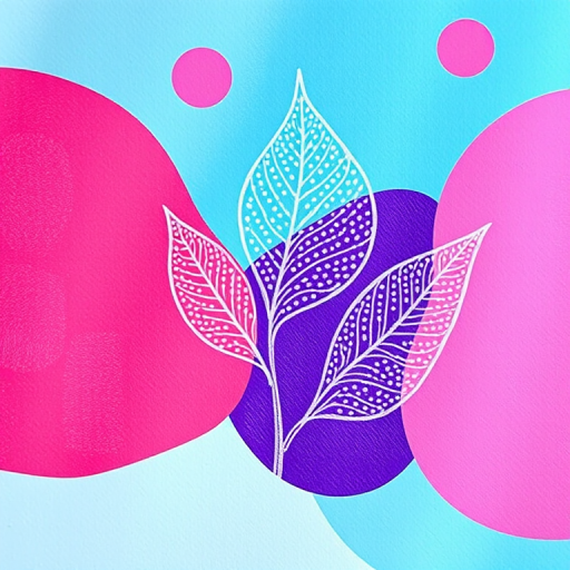 Create an abstract background with vibrant pink, purple, and blue shapes, featuring intricate hand-drawn leaves and dotted textures, using a Canon EOS R5, 50mm lens, f/1.8 aperture, ISO 100, and captured from a straight-on view for enhanced clarity and detail.