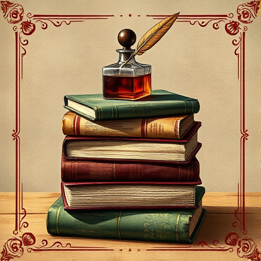 Create a high-resolution vintage-style illustration of a stack of old books with an inkwell and quill on top, surrounded by decorative borders, shot with a Canon EOS R5 at f/8, ISO 100, 50mm lens, in soft natural light from the side to enhance texture and detail.