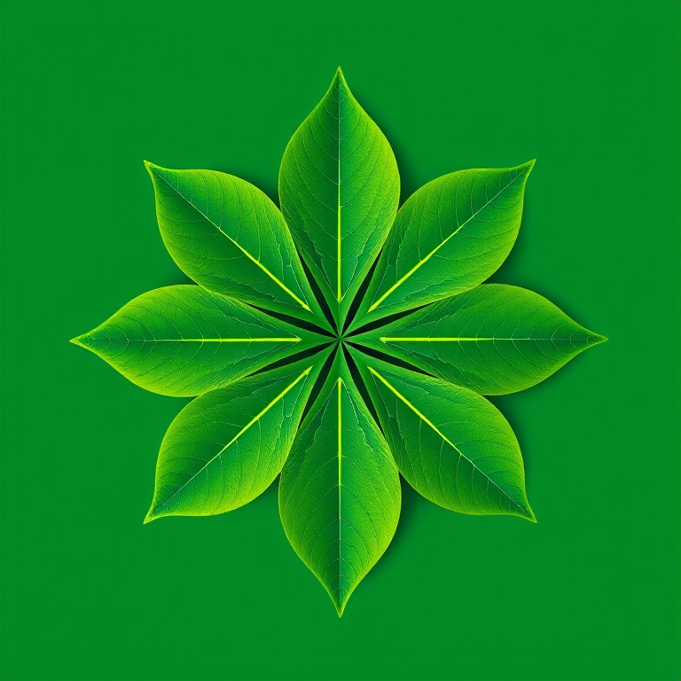 Create a high-resolution vector image of a stylized green leaf design with six leaves arranged in a star shape, captured with a Canon EOS R5 at f/8, ISO 100, 50mm lens, top-down view, soft lighting.