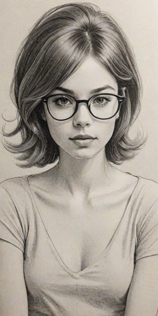 Comely Sofia Wylie, pencil sketch, portrait of Delightful woman 1973s in glasses, hair style beatnik, outline, clear lines, fine lines, 8k